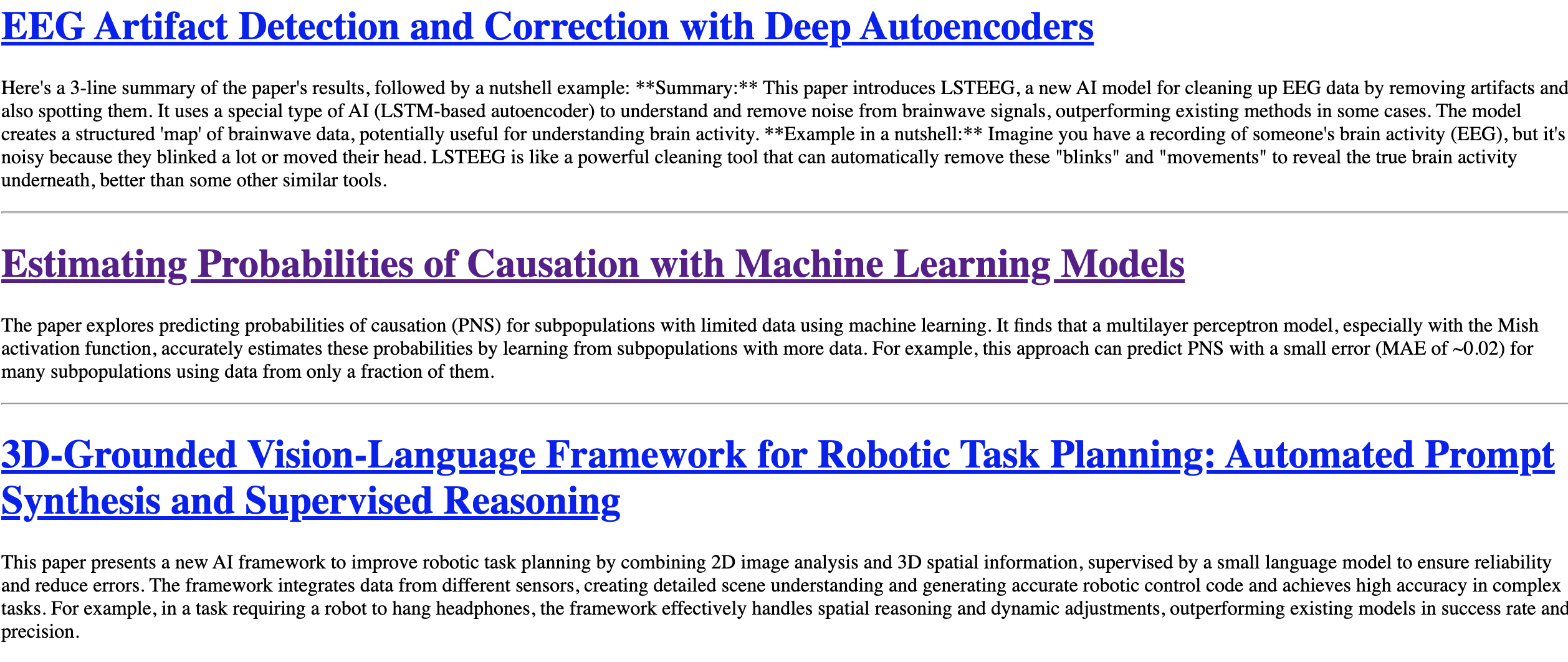 A very basic HTML page with title and link of each paper and the summary below, no design element applied.