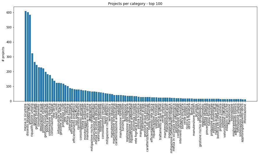 Bar plot of the count of projects per category, top 100 ones.